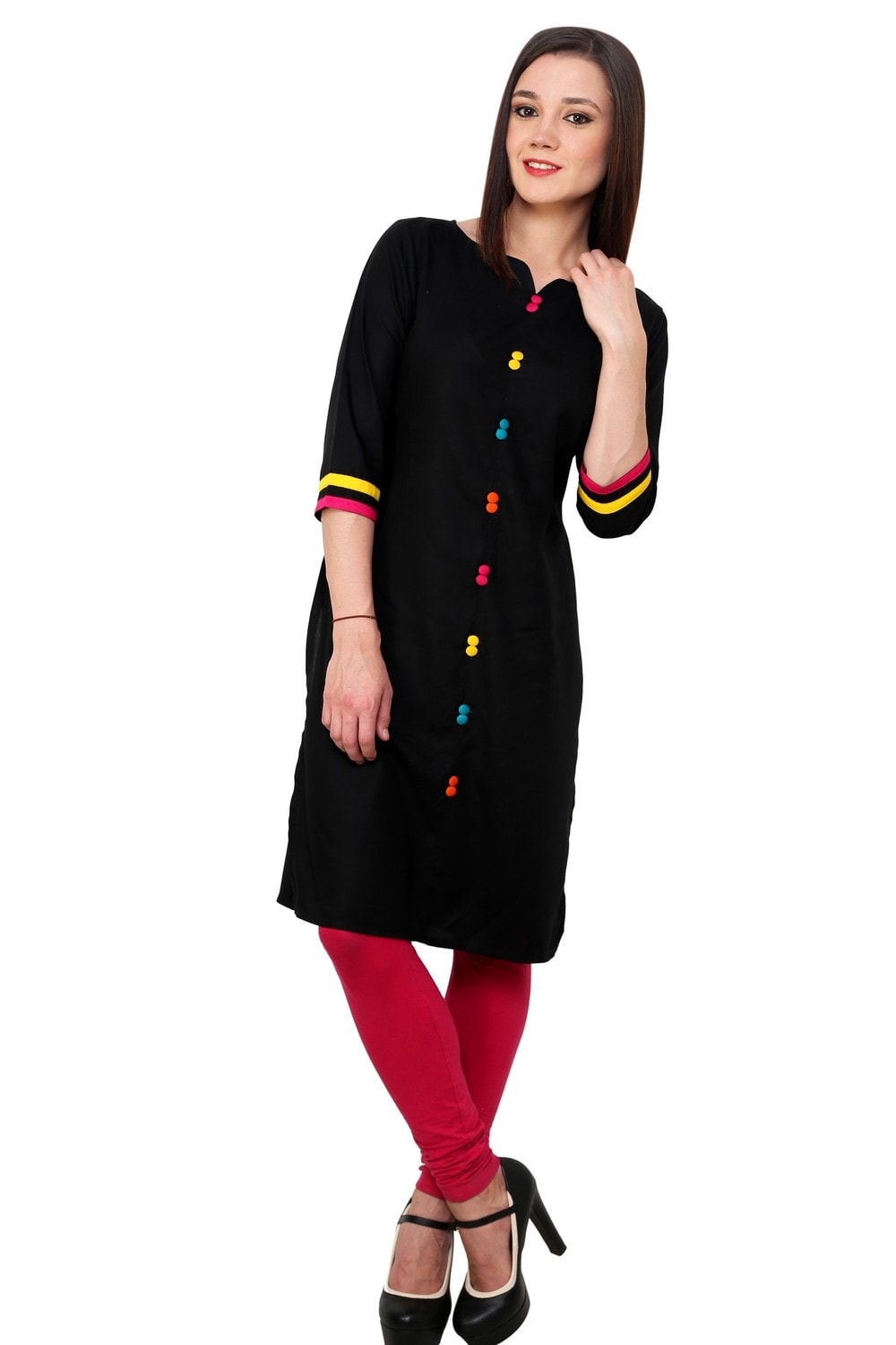 Pannkh Women's Black Multi Color Button Kurti