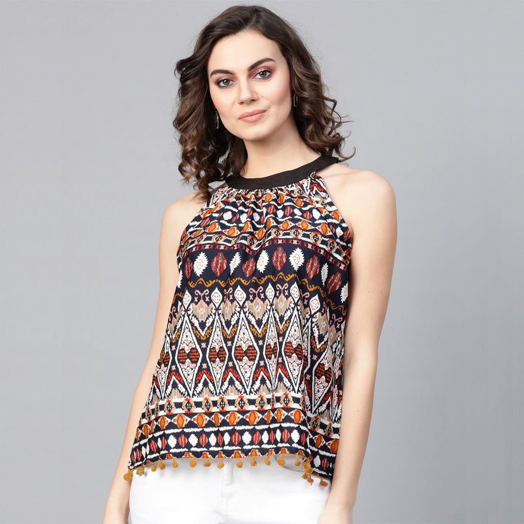 Pannkh Women's Ikat Tassel Top